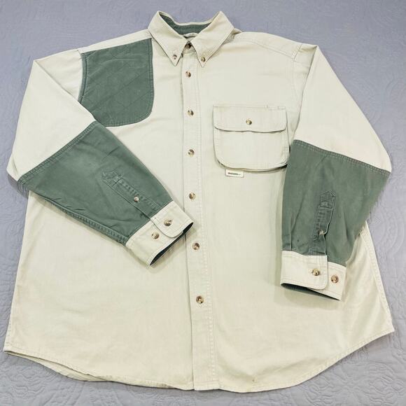 Gander Mtn Shooting Shirt Mens Large Cream Green Button Long Sleeve Pad Flap - Picture 1 of 11